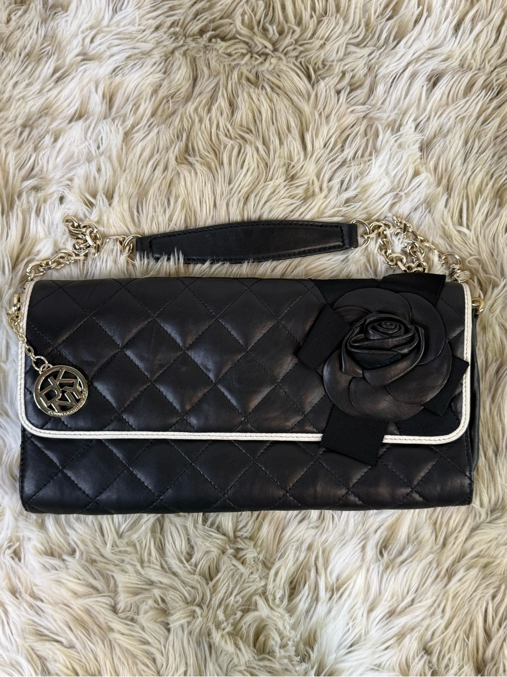 DKNY Black Quilted Leather Rose Shoulder Bag Gold Chain Convertible Clutch